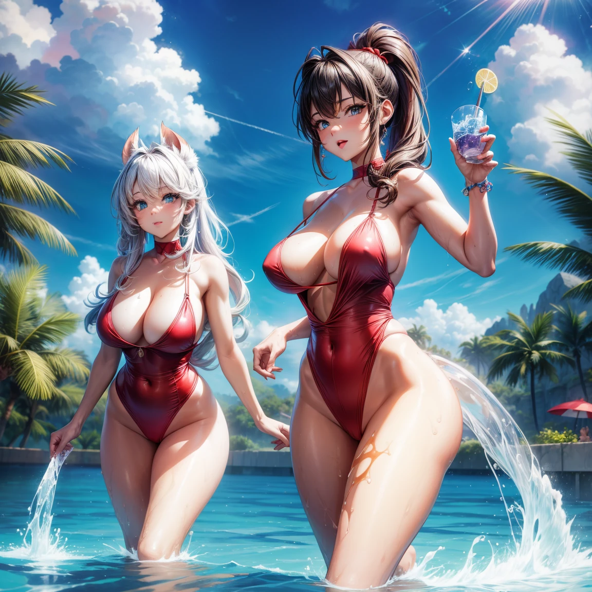 (8K ,hyper-detailing,ultra real photo,Best masterpiece,natural,Perfect artwork,Perfect female body),Two cute busty girls ,(Big tits),Crystal clear pool,swim ring,Water slides,Cute water doll,Virtual Showcase,Sexy red bikini,Stylish hairstyle,Cute sexy red swimsuit girl girl,Cool clothes,Built-in thong,The cracks are relatively large,slovenly,stretch the meat,Raised sexy,obscene exposure ,titmouse,fully body photo
