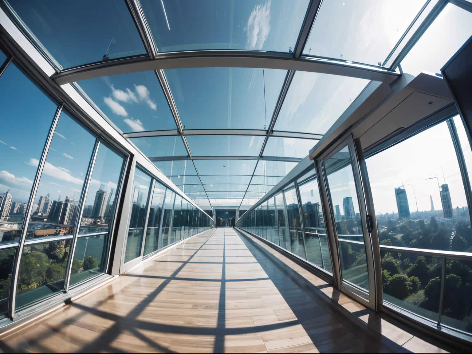 Glass bridge, inside view, high from ground, high tech, to another building, wide angle, no one, day time