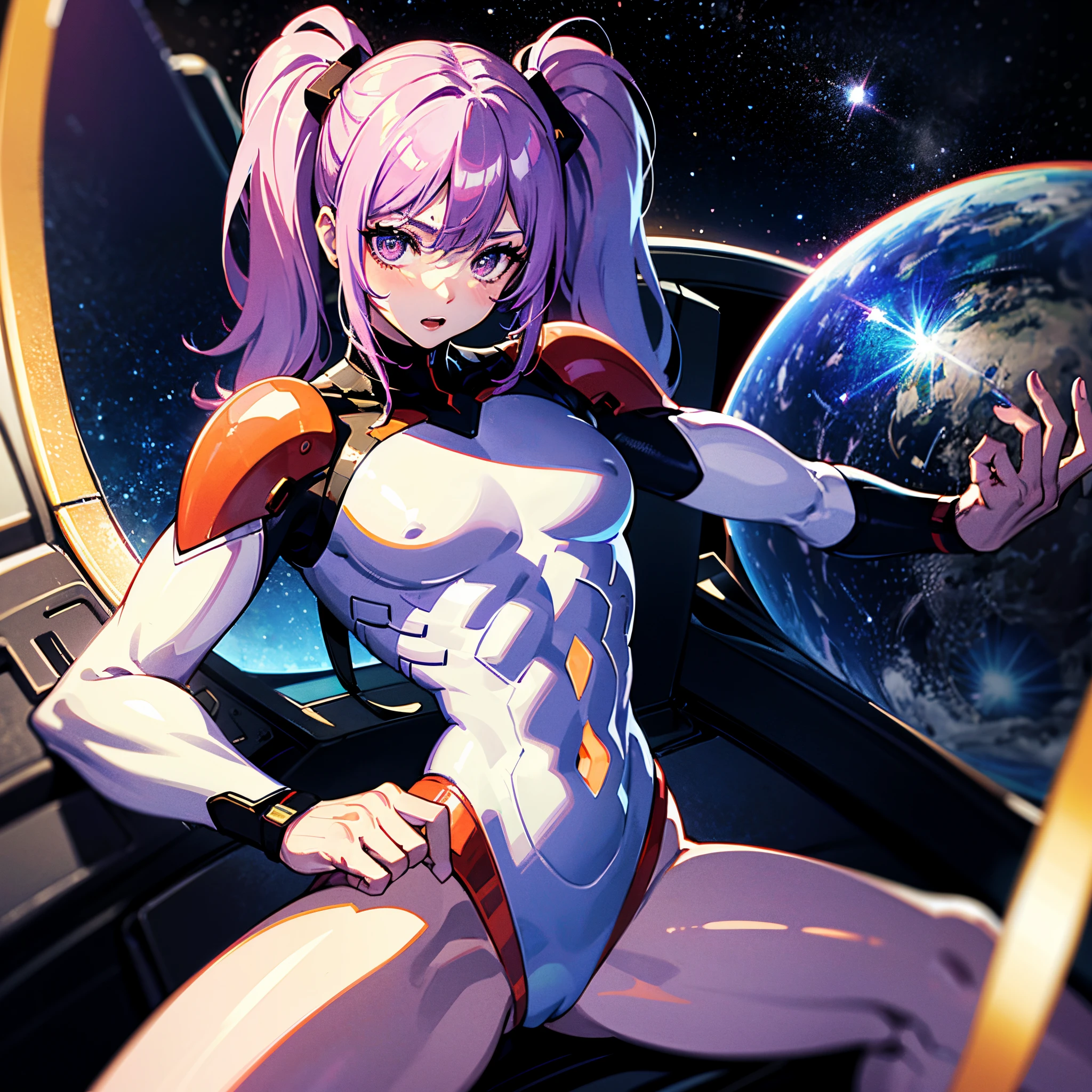 （（（​masterpiece）））、（（（Top image quality）））、（（（top-quality）））、（（Illustration of one adult））、full bodyesbian、（（25-years old））、（（25-years old））、（（（The face is a woman、The body is a man）））、（（（Twintails with pink hair）））、Light gray eyes、（（Tall））、（（Muscular strong man's body））、（（Muscular strong man's body））、（（muscular  plate））、abdominals、（（muscular and thick arms））、（（muscular and thick legs））、（（manspreading））、opening legs、（（（White pilot suit）））、（（Inside the cockpit））、（The Universe on the Monitor、Earth seen from space、Spaceport）