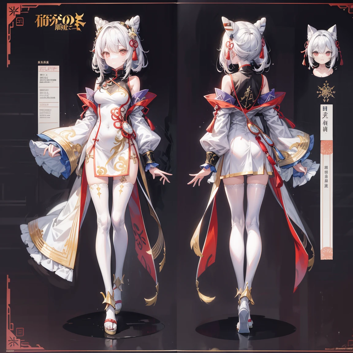 Character Sheets, Three types，Shot Full Body，Game Character Design，than a small flying moon，Girl in sunglasses and beans，Victorizo ∨TSE∨,Stylistic expression,  absurdress, Full of Details,highr， Snowman padded jacket，White color hair，White eyes，standing on your feet，Chinese girl design，Genshin detailed art，Anime character design，anime concept art，pretty anime character design，anime character reference sheet，[character design]，