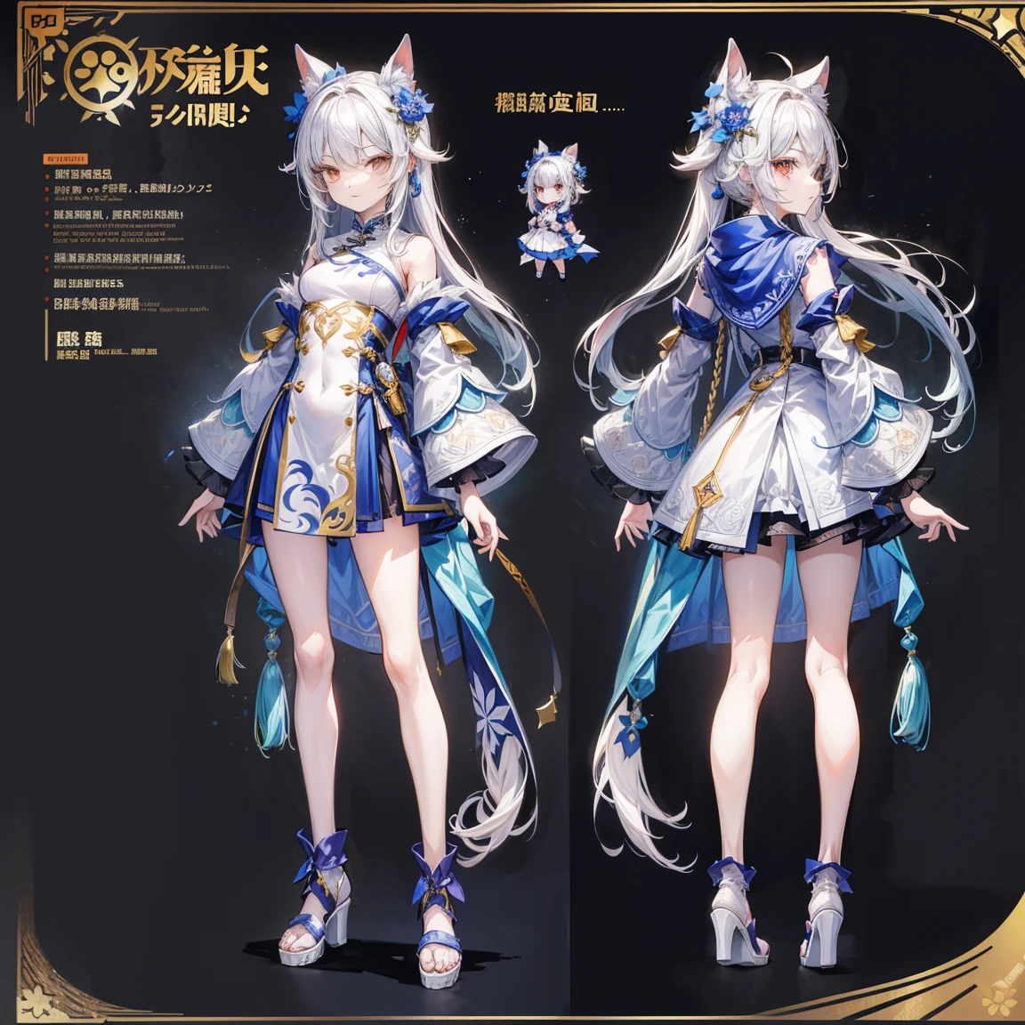 Character Sheets, Three types，Shot Full Body，Game Character Design，than a small flying moon，Girl in sunglasses and beans，Victorizo ∨TSE∨,Stylistic expression,  absurdress, Full of Details,highr， Snowman padded jacket，White color hair，White eyes，standing on your feet，Chinese girl design，Genshin detailed art，Anime character design，anime concept art，pretty anime character design，anime character reference sheet，[character design]，