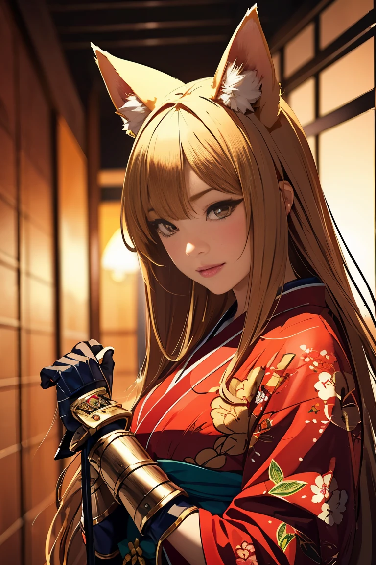 (((Looking away:1))), ((Look at another one:1)), fox incarnation、((Sexy Female Warrior))、Japan Yokai、Sexy fox female warrior with a Japanese sword、Fox ears、A figure holding a beautiful sword, ((sexy japan armor))