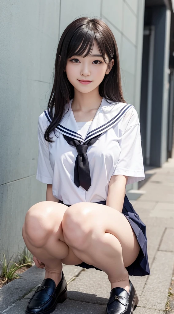 top-quality,ultra-detailliert,masterpiece,realisitic,Photo Real,Bright lighting,1 clove of garlic:1.2), Upper body、The upper uniform is torn and the bra is visible.、A sexy、Skirt flutters、Cute underwear、Uniform torn、kawaii、Angle from below、skinny、small tits、an extremely beautiful -yeld gi (kawaii:1.2),Bursting smile, Black eye,A dark-haired,bobhair、,(bangss),perfect glossy skin,flawless skin,((erotick,sexy for)), large full breasts,big breasts thin waist, Look at viewers,a sailor suit,high-school uniform:1.2、shortsleeves,neck tie,Raise,sockes、Futomo、(Loafer shoes), during daytime,Raise
