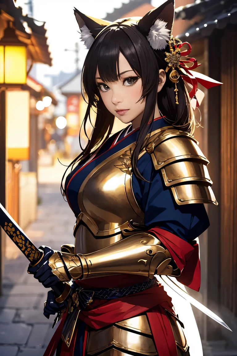 (((Looking away:1))), ((Look at another one:1)), fox incarnation、((Sexy Female Warrior))、Japan Yokai、Sexy fox female warrior with a Japanese sword、Fox ears、A figure holding a beautiful sword, ((sexy japan armor))