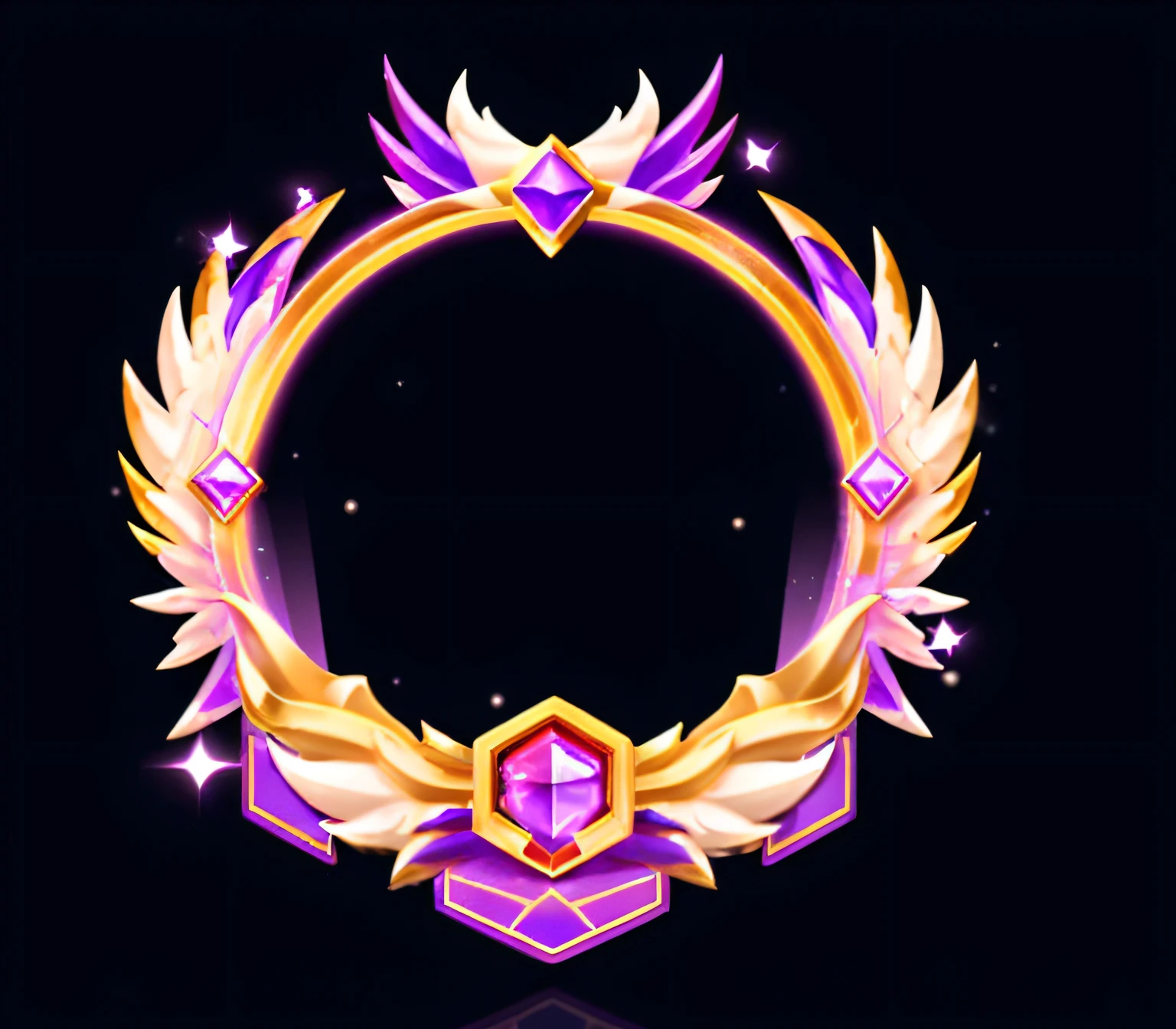 Game avatar frame with round metal frame and multiple metal shaped wings,golden colored,peeping at the viewer,Diamond decoration,bright,decorative,digital plug,original thick coating,with black background,4K,exquisite detailing