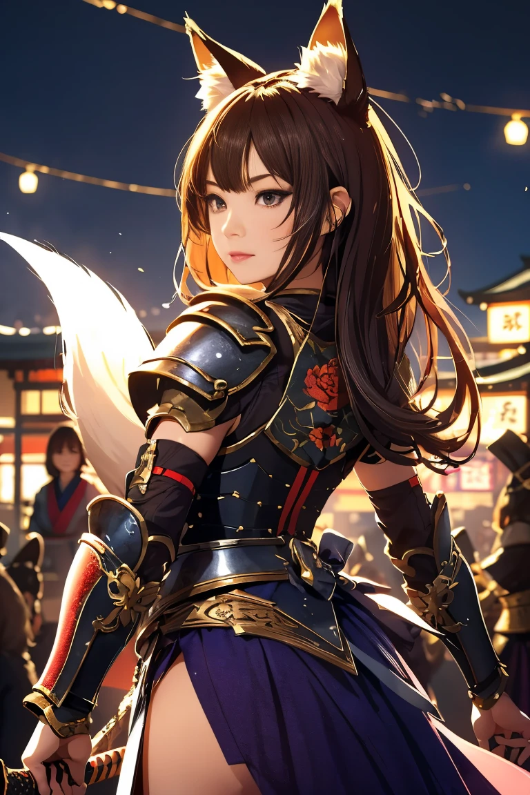 (((Looking away:1))), ((Look at another one:1)), fox incarnation、((Sexy Female Warrior))、Japan Yokai、Sexy fox female warrior with a Japanese sword、Fox ears、A figure holding a beautiful sword, ((sexy japan armor))