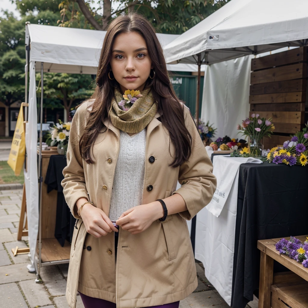 (one girl), Hanna, a 21 year old girl, 1.70 meters tall, weighs 49 kg, has very long and straight dark purple hair, has big green eyes, wears gold earrings and bracelets, always has a smartwatch on wrist, in front of a stall selling flowers of all colors, wearing a white winter coat with a scarf around the neck and black leggings, (hands hidden), ultra realistic style, (seed 3978045937)
