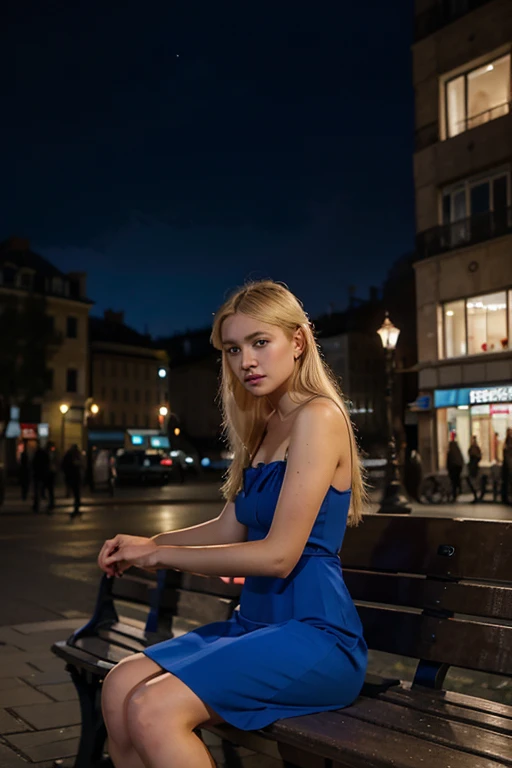 a European Russian woman, blue eyes, blonde hair, wearing a long red dress, is sitting on a city bench in the evening, holding hands in the back, view from a far