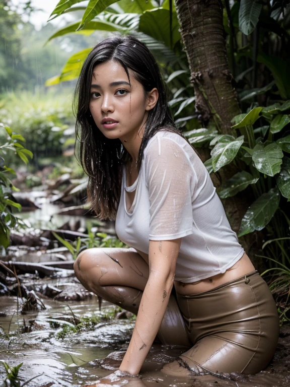 Realistic photo of a 14 year old asian girl naked under a waterfall, brown tactical shorts, boots, holding a digital camera, waterfall background, rainy weather, angle top, front view, rain effect