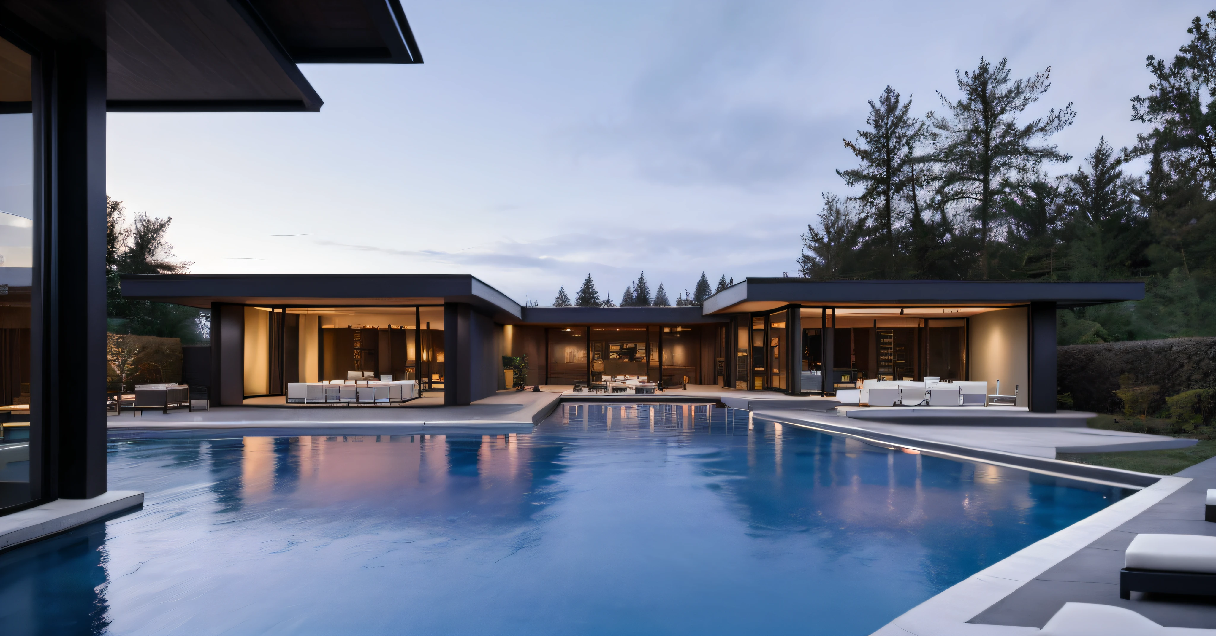 modern house, large yard, beautiful view, surrounding trees, one-story house, flat roof, large windows, wood materials, concrete and glass, glass railings, surrounded by trees, lawn , large sliding glass doors, large outdoor fireplace
sunset light, neutral colored lights, beautiful, cloudy sky, swimming pool in front of the house, landscape,plain terrain, RAW photo, subject, 8k uhd, dslr, soft lighting, high quality, film grain, Fujifilm XT3