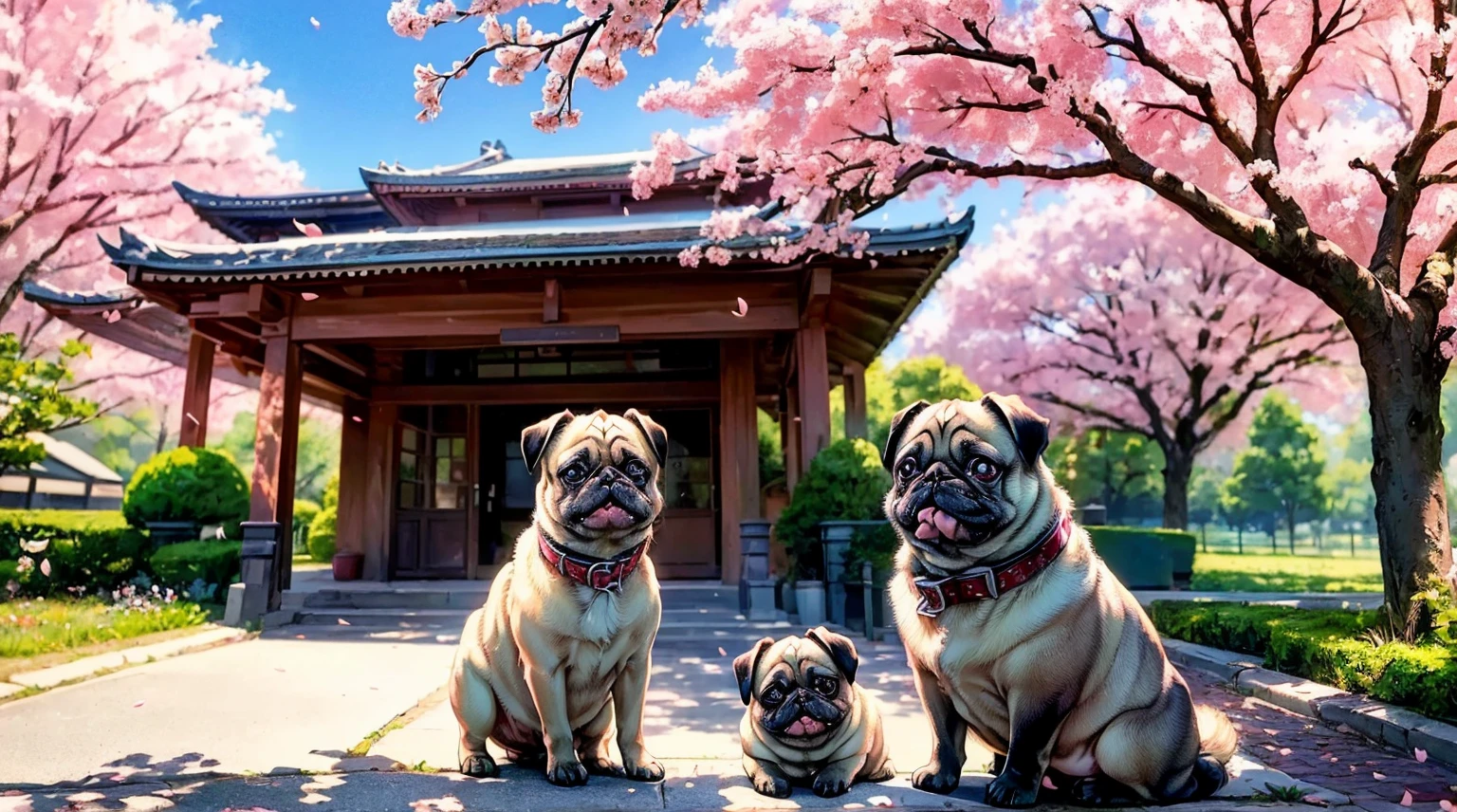 (top quality picture,masterpiece level,high-level image quality),Super cute pug(Pug dog with good face and body,beautiful hair quality)、A path lined with flourishing cherry blossom trees,The cherry tree,