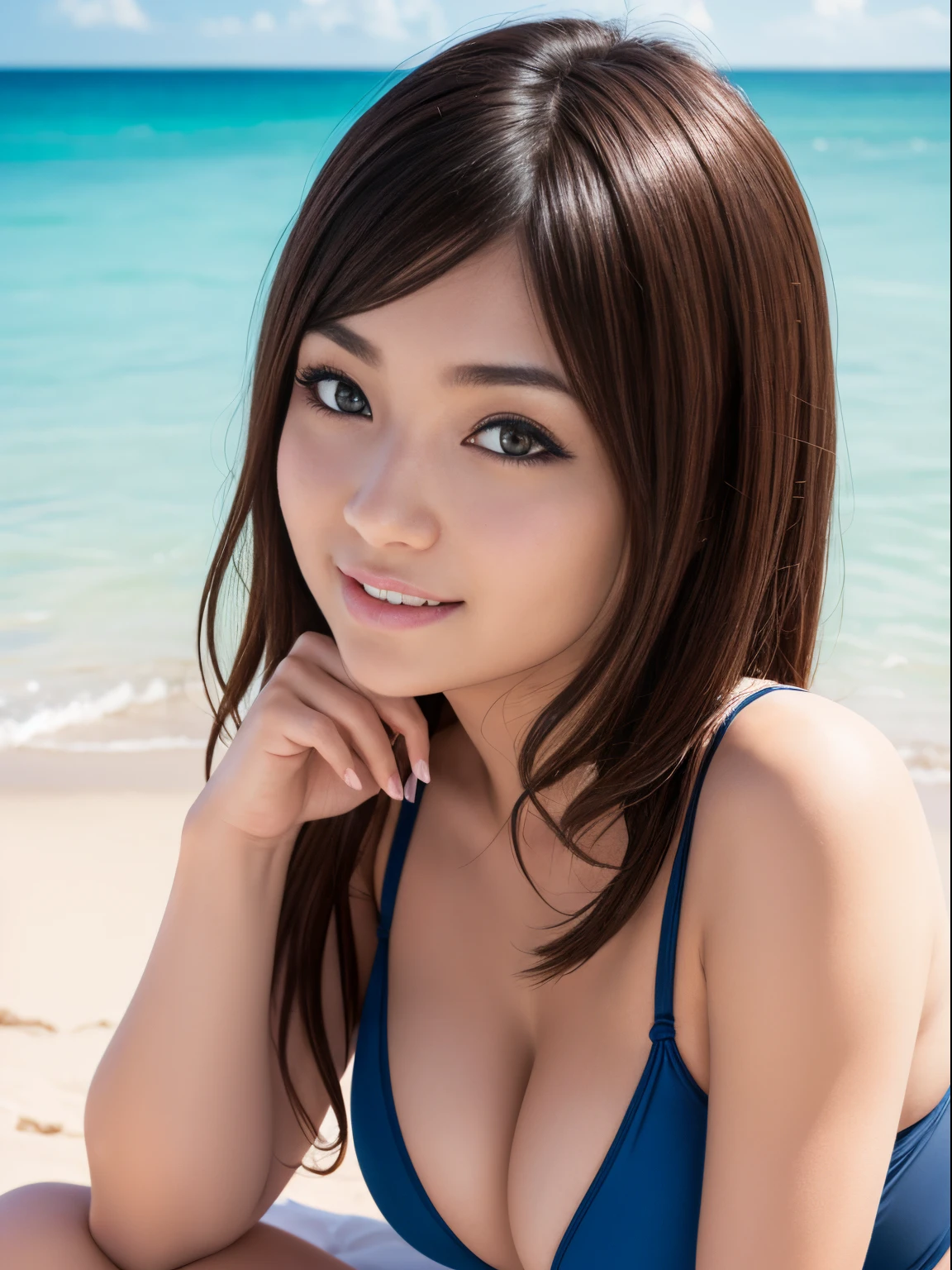 (Raw photo: 1.2), top-quality,Beautiful detailed girl,Competitive swimsuit,Milk transparency, Smile, Young woman with dark hair, twin-tail hair, Highly detailed eyes and face, Beautiful detailed eyes,with round face,japanes,goddess of Japan,Huge file size, High resolution, High resolution, 8K, Fine detail, Highly detailed ticker uniform 8K wallpaper, Light on Face, Movie Lighting, girl, Sexy Pose, (Photorealism: 1.4), Illustration,surrealism,From below, Super Detail, masutepiece,On the sandy beach,Girl sitting、Colossal tits,FULL BODYSHOT、Blur the background