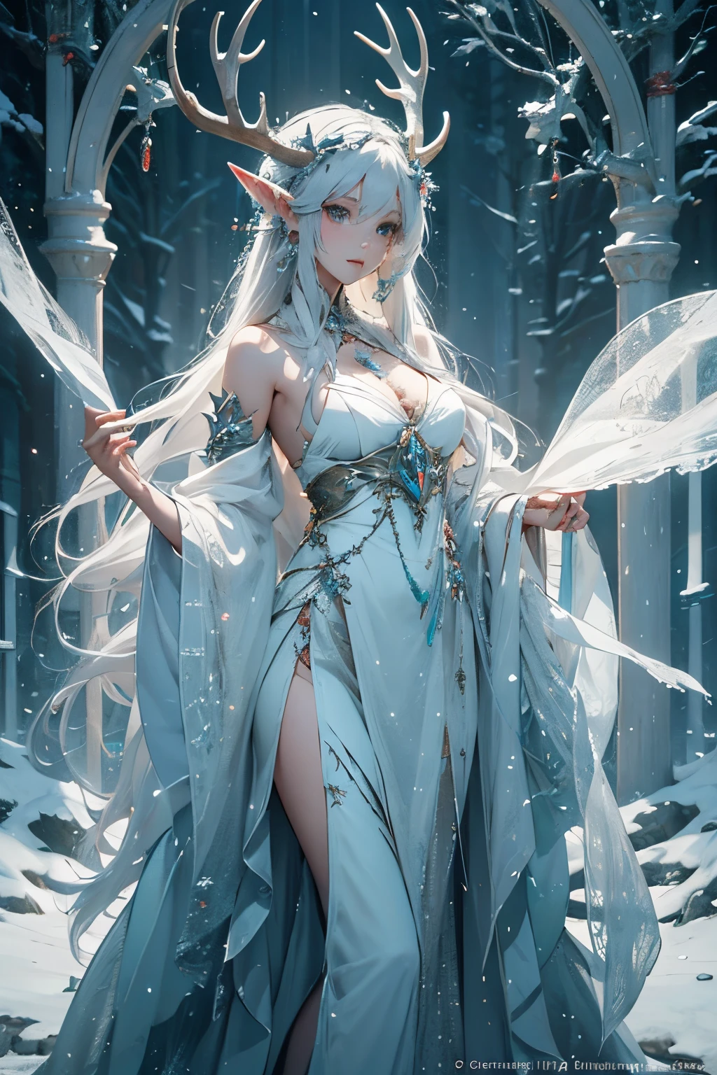 Beautiful alluring female snow elf, Pale Glowing Skin, silver crown with antlers, crown with deer horns, blue Lips, white fur cape, ornate clothes, silver jewellry, Bare Skin, Athletic Well Toned Body, Elegant Form, On An Altar at a snowy forest, Godrays, Gothic Theme, fiarytale theme, Beautiful D&D Character Portrait, Fiverr Dnd Character, Octane Render, Digital Art, Extreme Detail, 4k, Ultra Hd, Polished, Beautiful, Hyperdetailed, Intricate, Elaborate, Meticulous, Photorealistic, Sharp Focus, Wlop, Character Design, Unreal Engine, 3d Rendered, Volumetric Lighting, Reflections, Glossy, Digital Illustration,Sensual Pose, Suggestive Pose, Full Body Shot, Lewd, anatomically correct 💖❤💕💋❣