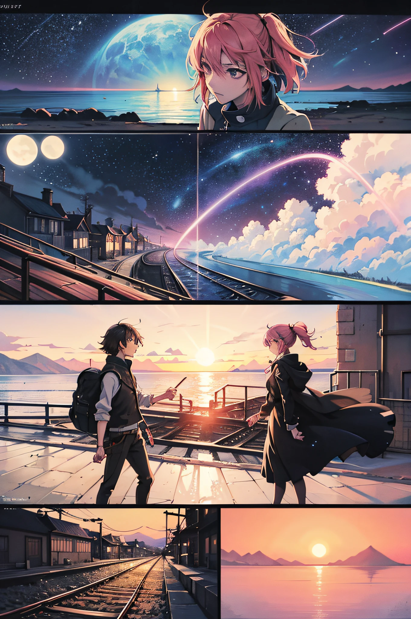 Comic book，Picture Split（4 or 5 or 6 tiles），Storyboard，Masterpiece, Anime train passing through bodies of water on the tracks, Bright starry sky. Romantic train, Makoto Shinkai's painting, Pisyphus, concept art, lo-fi art style, Reflection. Makoto Shinkai, Lofi art, beautiful anime scenes, Anime landscape, anime girl with pink hair, Detailed landscape - width 672, in Makoto Shinkai style, Makoto Shinkai style, Enhanced detail.