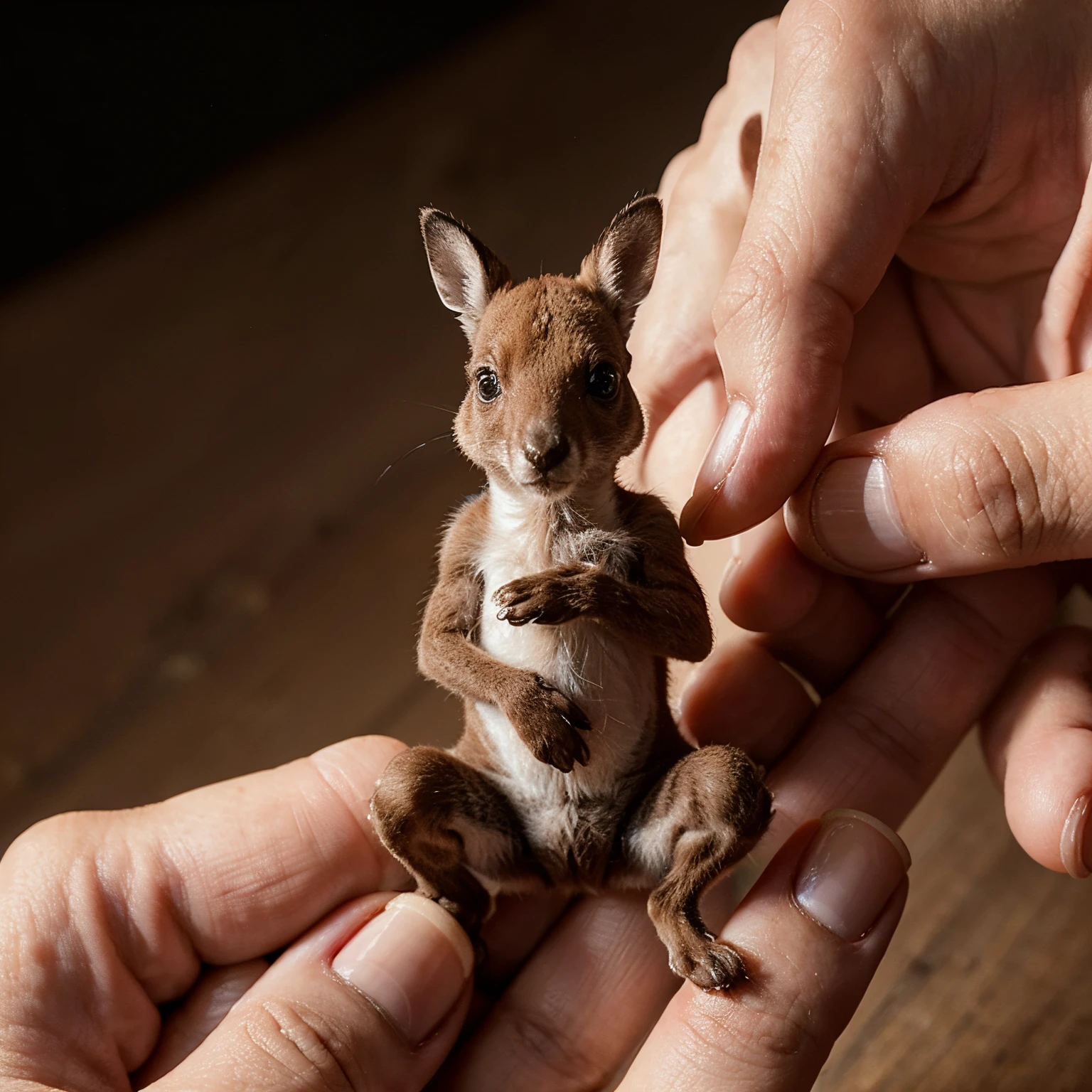 micro miniature kangaroo on your fingertip human, photographic, cinematic, 3d, 8k
