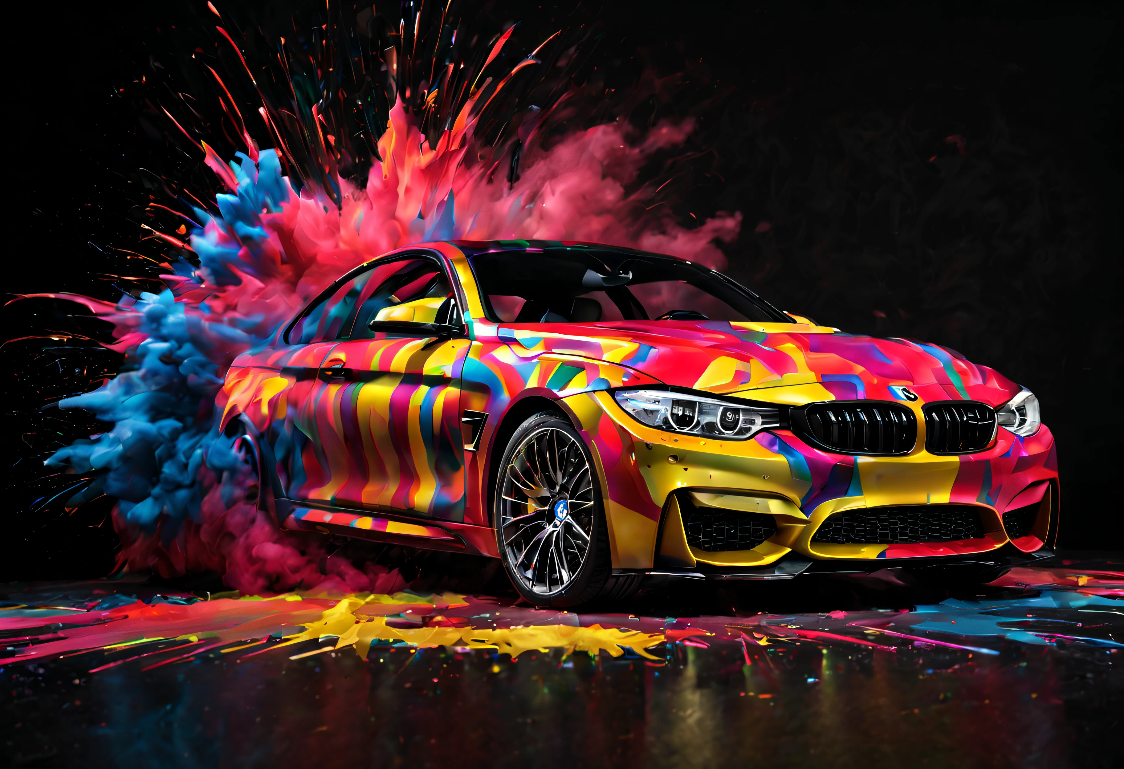 BMW BMW M4 Coupe I F82, dans un studio photo, avec un fond noir, avec une explosion de peinture multicolore dans le fond du studio, 4K quality, high-definition
