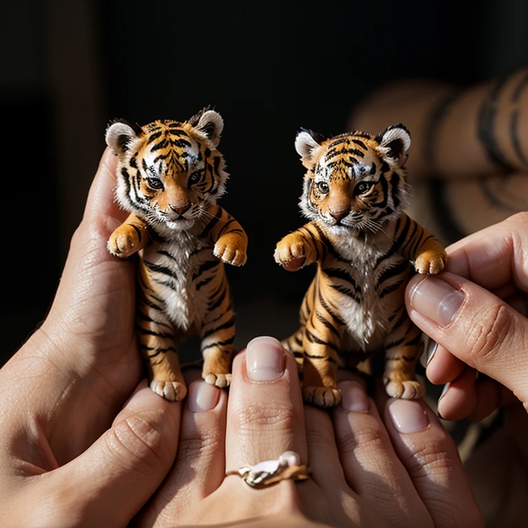 micro miniature tiger family on your fingertip human, photographic, cinematic, 3d, 8k