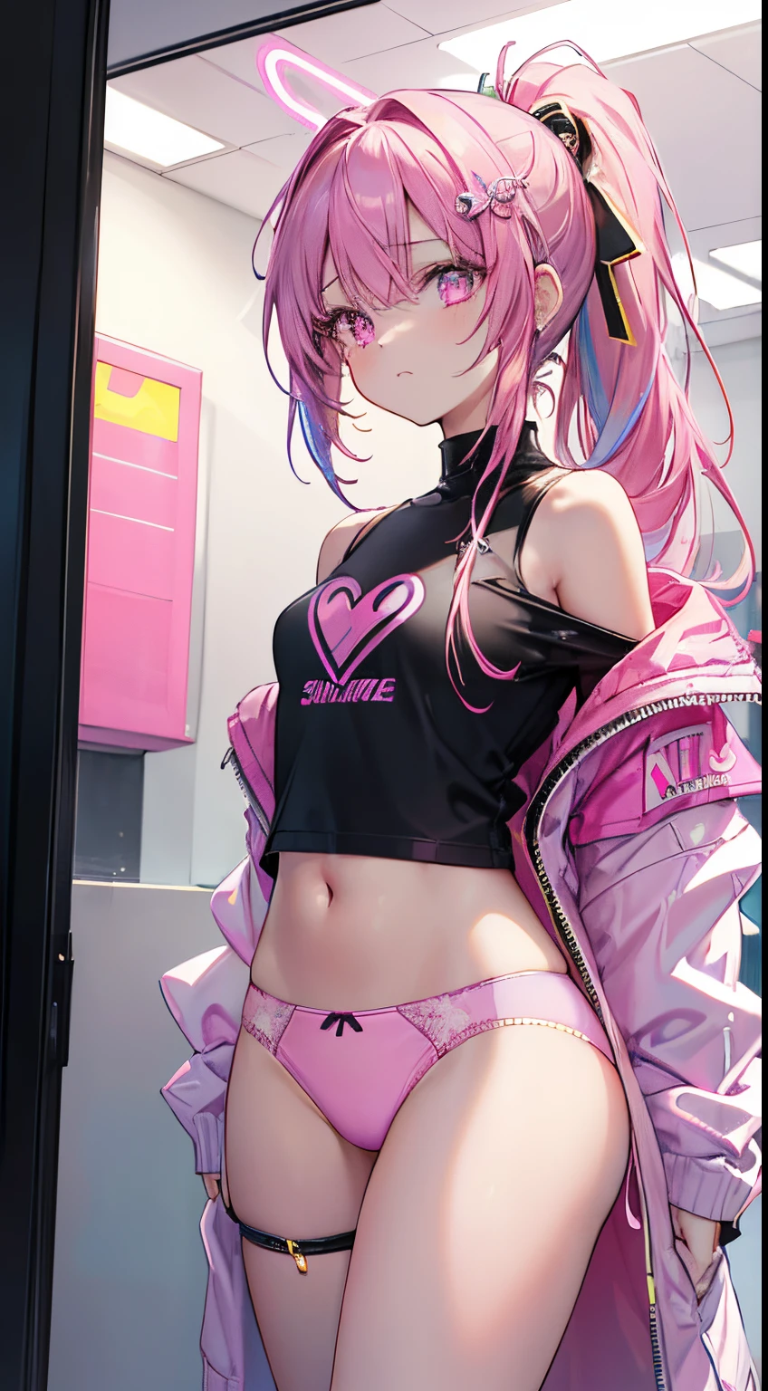 ((Masterpiece)), best quality, absurderes, ultra detailed, holographic, cowboy shot, golden ratio, super cute girl, mature girl, idol girl, super beautiful asian girl with very beautiful violet glowing eyes, beautiful glowing brown multicolored hair, high ponytail, nice and sexy body, slim body, perfect body, an anime printed super tight off shoulder long sleeve crop top, a super aesthetic transparent mini jacket, beautiful hair ornament, pink jordan tennis, being photographed in a mall shop,( undressing, showing neon pink panties, showing thong: 1.5)