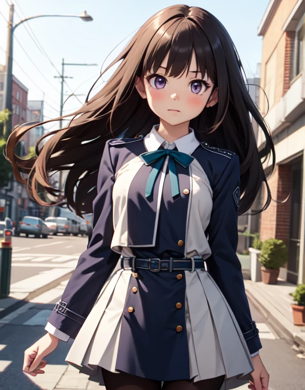 masutepiece, Best Quality, {Best Quality}, {{masutepiece}}, {hight resolution}, Illustration, 1girl in, Inoue Takina, Long hair, Bangs, Black hair, (Purple eyes:1.2), blush, Shirt, Long sleeves, Dress, bow ribbon, School uniform, White shirt, Collared shirt, Belt bag, Neck ribbon, Blue Dress, Green Ribbon, pleated dress, grey dress, two-tone dress, Blue belt, Lycoris Uniform, Looking at Viewer，black pantyhose king