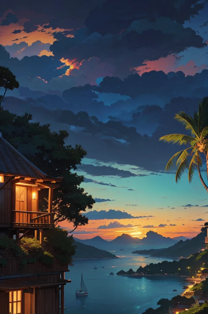 very detail painting, village harbor at late sunset with a sky background, a distance sailing boat, peaceful night, incredibly beautiful anime landscape, calm evening, distance forest hills, sea cliff, coconut trees, beautiful anime landscape, view from above, anime movie background, high quality desktop wallpaper, landscape wallpaper