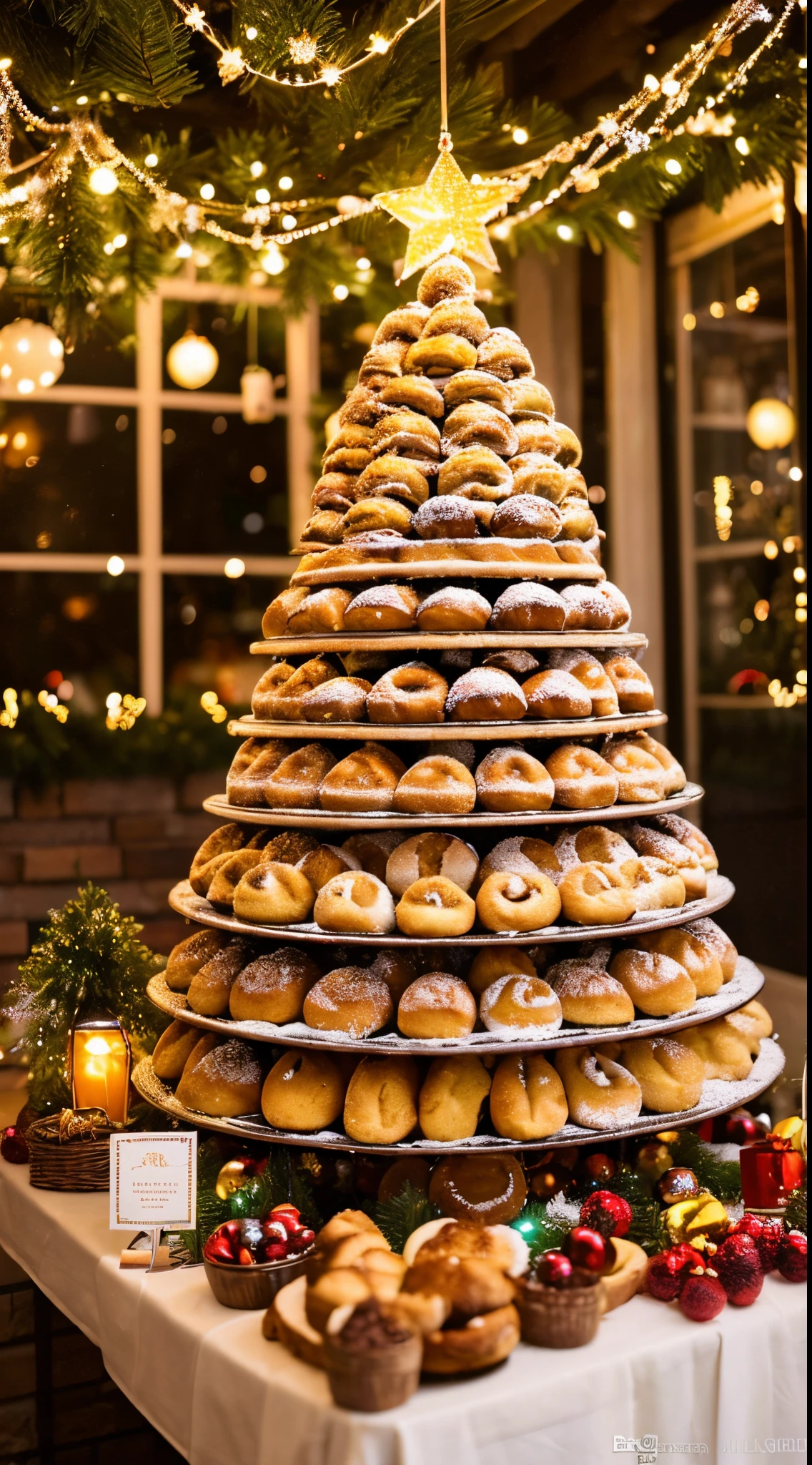 (best quality,ultra-detailed,realistic:1.37),(brightly lit:1.1),large Christmas tree adorned with various types of hanging bread,doughnuts,chocolate bread,assorted pastries