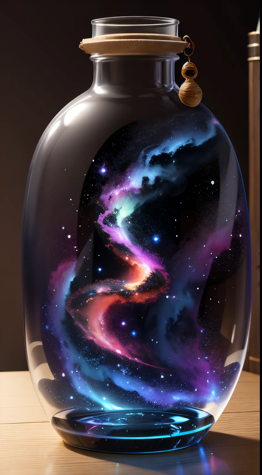masutepiece。top-quality。ren。Excessive detail。Galaxy in a transparent glass bottle on the table。Beautiful nebulae。