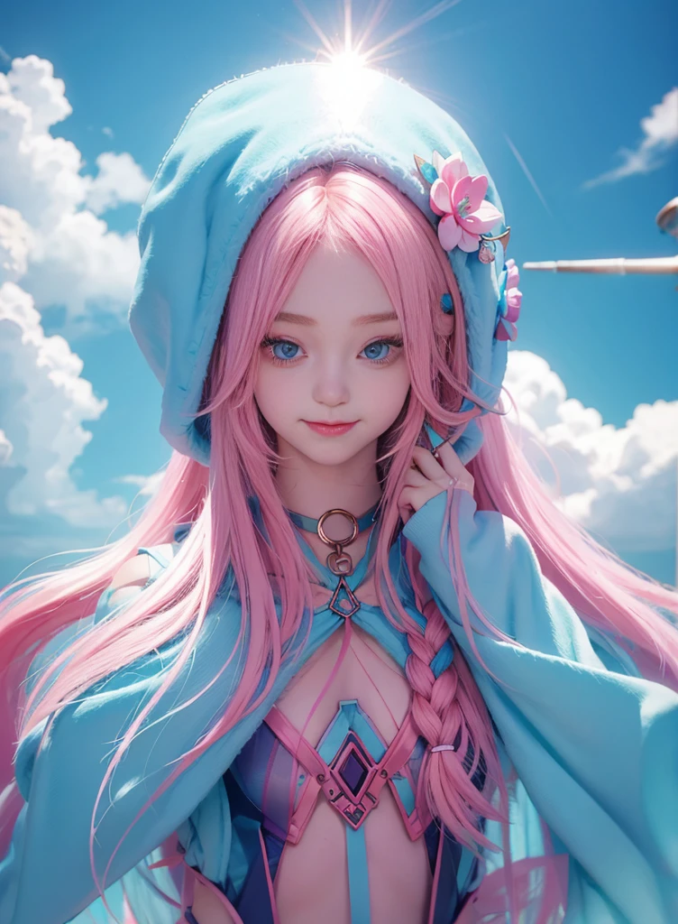 Pink Long Hair，Nice face，Blue suspender bikini，Heterochromatic pupil，ssmile，apathy，比基尼，fully body photo，the soft light，Earphone