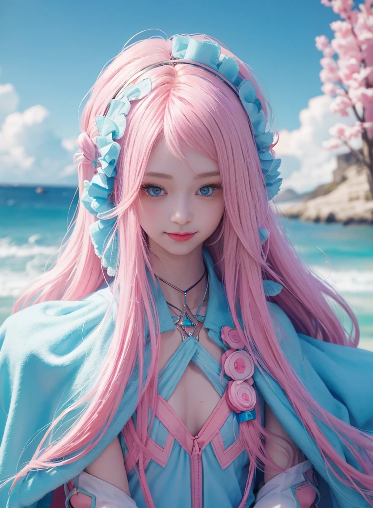 Pink Long Hair,Nice face,Blue suspender bikini,Heterochromatic pupil,ssmile,apathy,比基尼,fully body photo,the soft light,Earphone