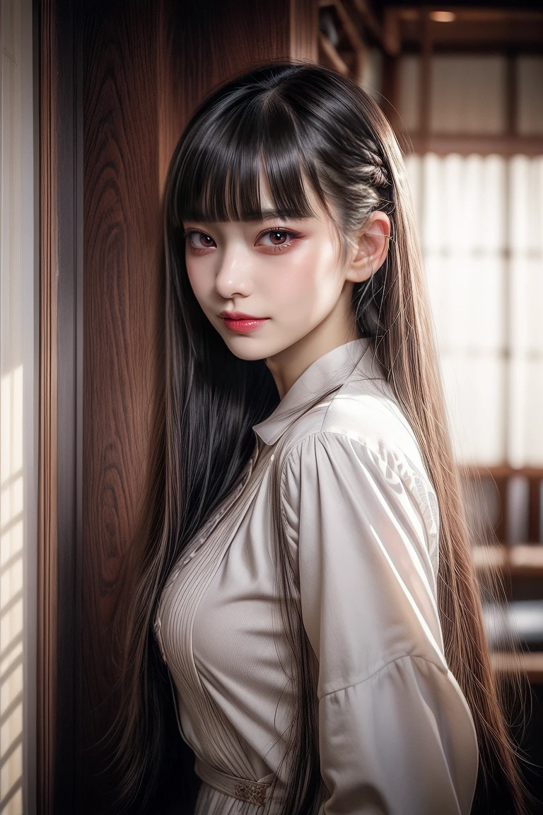 ((((((17 age)))))),17 age,17 age,(((Blunt bangs, princess bangs))), (((Very heavy,very voluminous bangs:1.1))),(((Very long, Very heavy,Very voluminous side locks:1.1))),, hime-cut, Hairstyle with straight bangs, Round face with dull bangs, dull with long hair、Bangs are cut straight,(masterpiece, high quality:1.2), intricate detailed,
MiyukiHara, teacher, mature female, 1girl, 1boy, white skin male, deepthroat, pov, penis, :>=, oral, fellatio, close-up, upper body, looking at viewer, embarrassed, blush,
brown hair, long hair, ponytail, brown eyes,
blue jacket, shirt,
huge, breasts,
on floor,