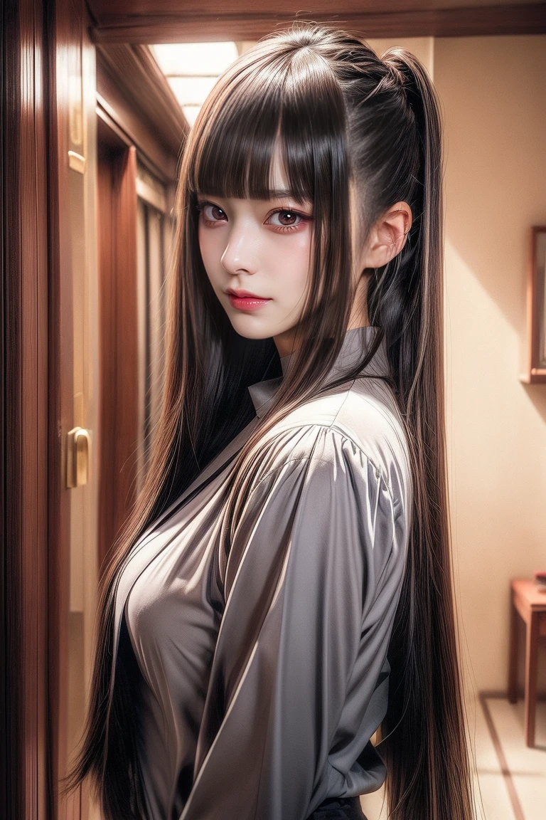 (((((()))))),17 agee,(((Blngs, princess bangs))), (((Very heavy,very voluminous bangs:1.1))),(((Very long, Very heavy,Very voluminous side locks:1.1))),, hime-cut, Hairstyle with straight bangs, Round face with dull bangs, dull with long hair、Bangs are cut straight,(masterpiece, high quality:1.2), intricate detailed,
MiyukiHara, teacher, mature female, 1girl, 1boy, white skin male, deepthroat, pov, penis, :>=, oral, fellatio, close-up, upper body, looking at viewer, embarrassed, blush,
brown hair, long hair, ponytail, brown eyes,
blue jacket, shirt,
huge, breasts,
on floor,