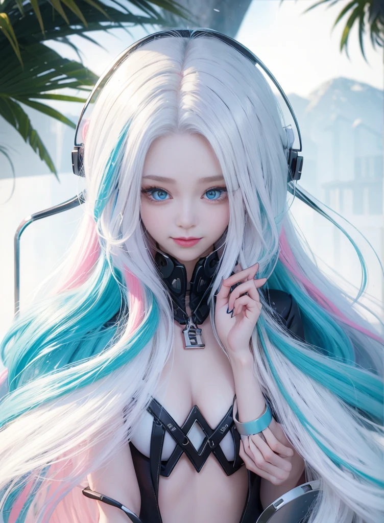 Long colored hair，Nice face，sling bikini，Heterochromatic pupil，ssmile，apathy，比基尼，fully body photo，the soft light，Earphone