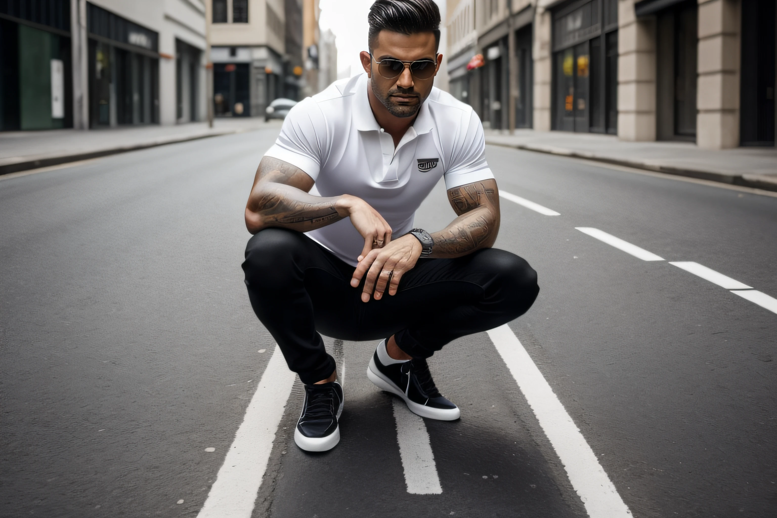 A confident full-body 35-years old muscle male model in white polo shirt and black jeans, poising on an urban street, medium: photo hyper-realism, style: edgy street fashion meets contemporary art, lighting: dramatic contrast with a mix of artificial and natural light, colors: bold and gritty with a focus on the textures of the polo shirt and street, composition: Nikon D850, AF-S NIKKOR 50mm f/1.8G lens, Resolution 45.7 megapixels, ISO sensitivity: 200, Shutter speed 1/125 second, close-up shot with a focus on the leggings, street art as a backdrop --ar 16:9 --v 5.1 --style raw --q 2 --s 750