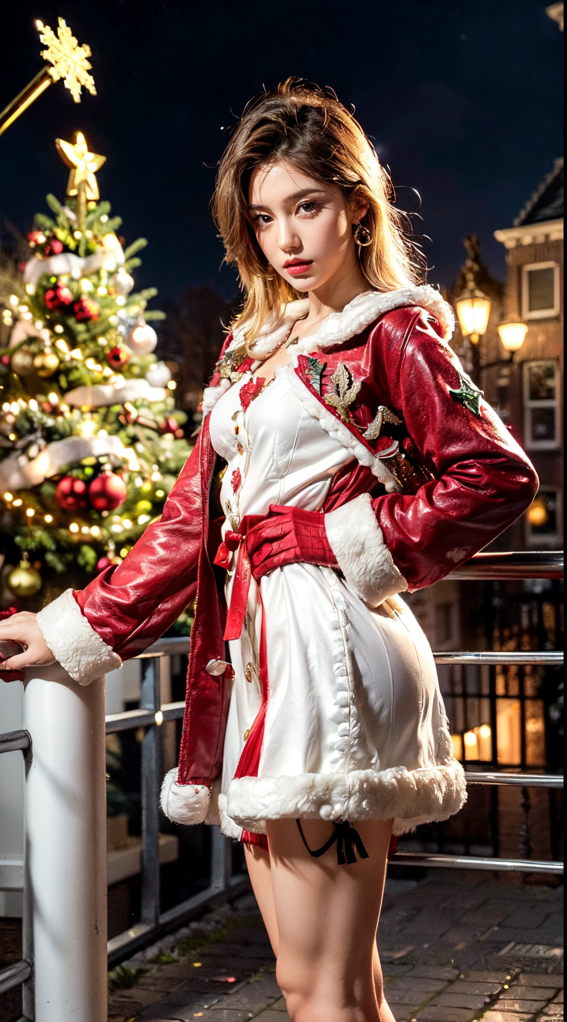 (Ultra-detailed eyes), (((textile shading))), (((Best Quality))), (((masutepiece))), (((Ultra-detailed CG))), sassy girl, (((magical little girl))), (Petite), (tiny chest), blonde hair, blonde hair, blonde hair, pin up emo, ((gorgeous hair)), Pink eyes, (((christmas Dress, red and white faux fur trim carduroy jacket, y2k, scallop skirt))), ((striking a pose)), (((Game CG)) (gorgeous, sassy, it girl), fancy jewelry, sparkling sky, Amsterdam Light Festival, christmas vibe, light christmas, christmas tree, strong Amsterdam Light Festival atmosphere, cowboy shot, midshot, centered image, eye on camera, night