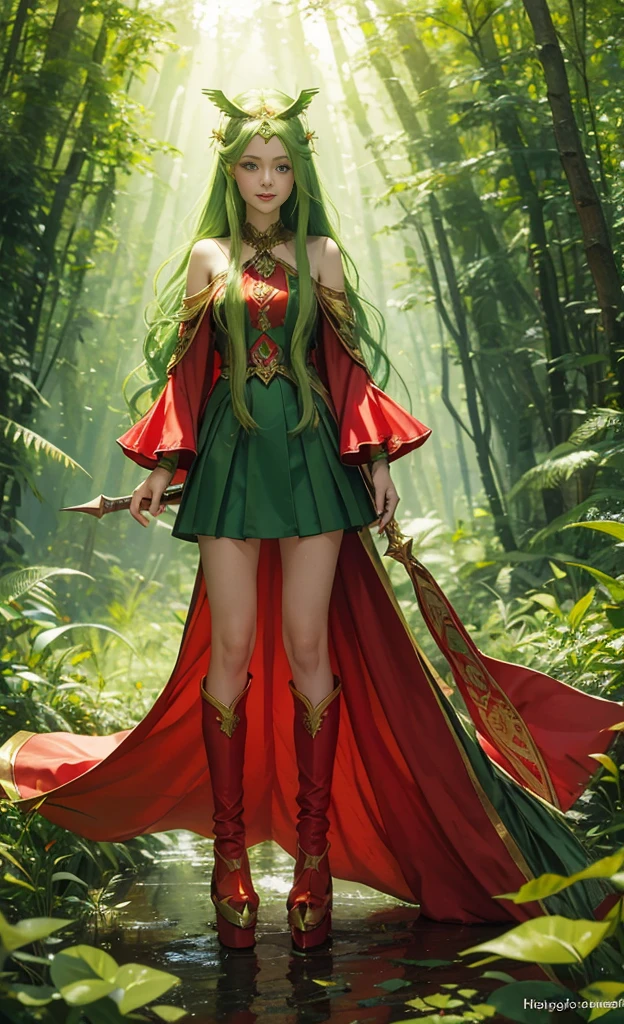 green long hair，Nice face，Red clothes，diadems，Heterochromatic pupil，ssmile，rays of sunshine，fully body photo，the soft light，The stands up，Fantasy Forest