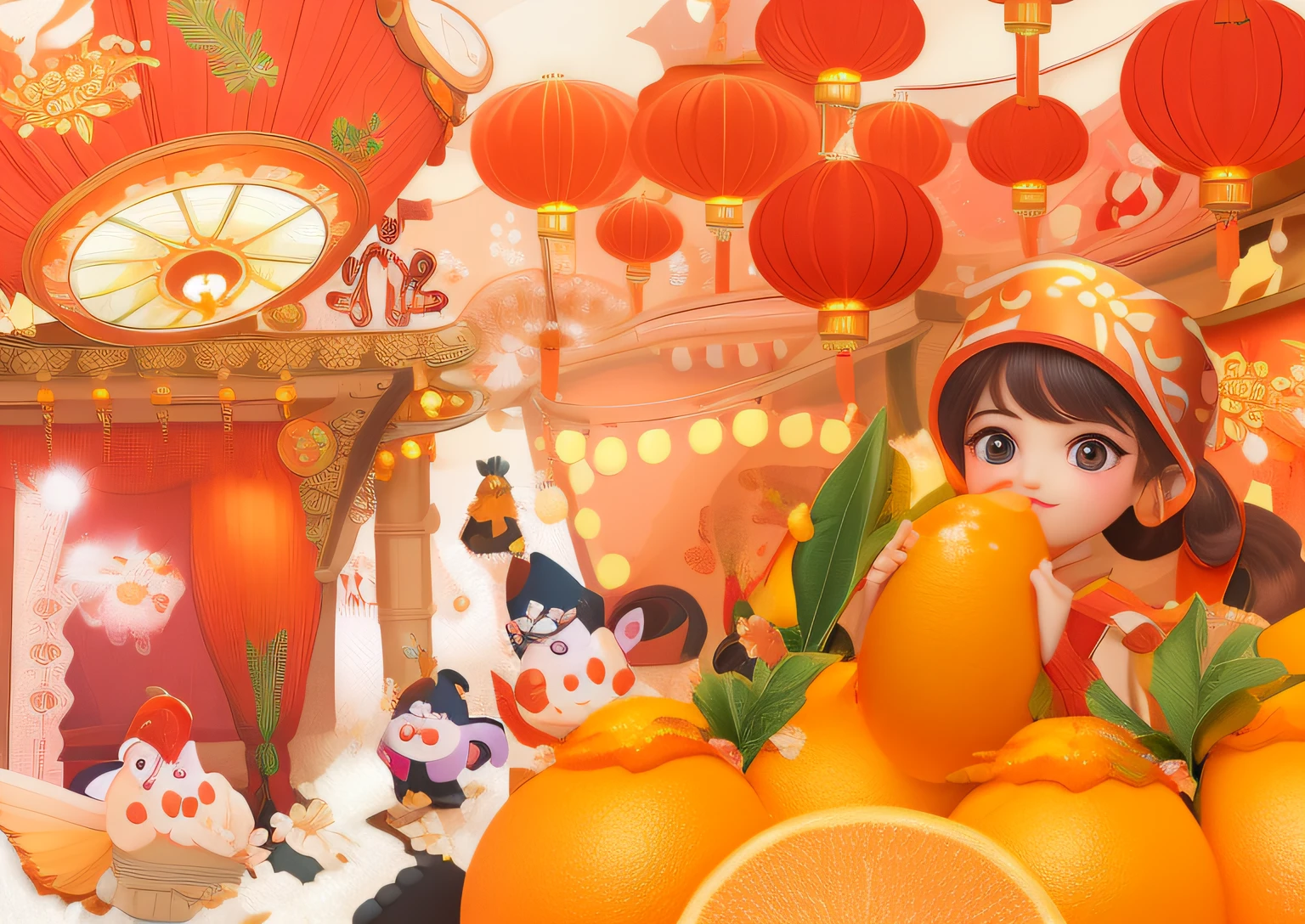 There is a girl holding an orange, ,A beautiful artistic illustration, orange color theme, Go home for the holidays, Bring gifts,8K cartoon illustration, orange color theme, Lovely painting, rossdraws global illumination,, Animated illustration style, hand painted cartoon art style, orange tint