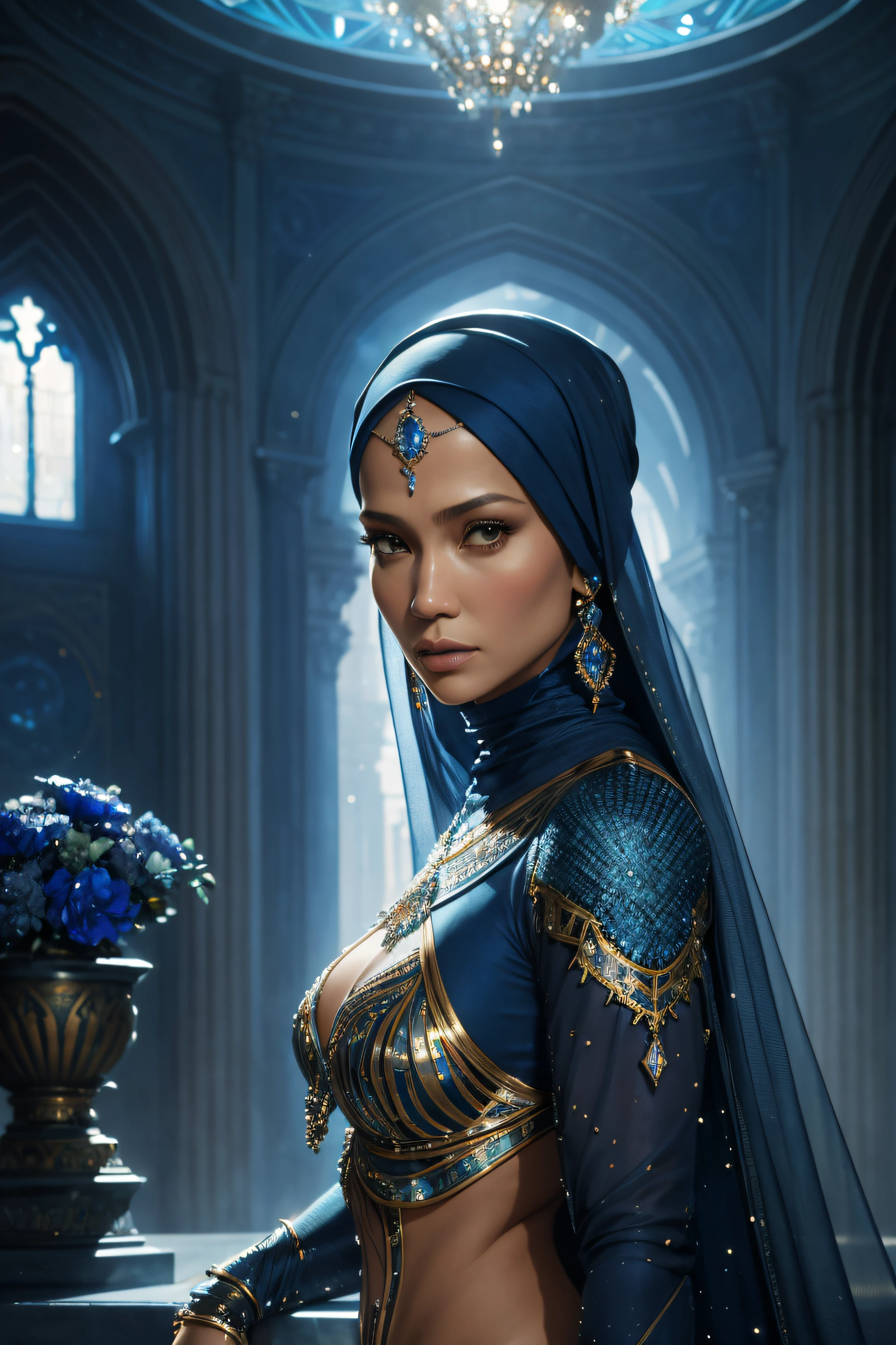 A seksi beautiful Jennifer Lopez wearing a hijab made of blue with jewelry and diamonds as room in rome profile picture by greg rutkowski, dynamic pose, intricate, futuristic, fantasy, elegant, by stanley artgerm lau, greg rutkowski, thomas kindkade, alphonse mucha, loish, norman rockwell