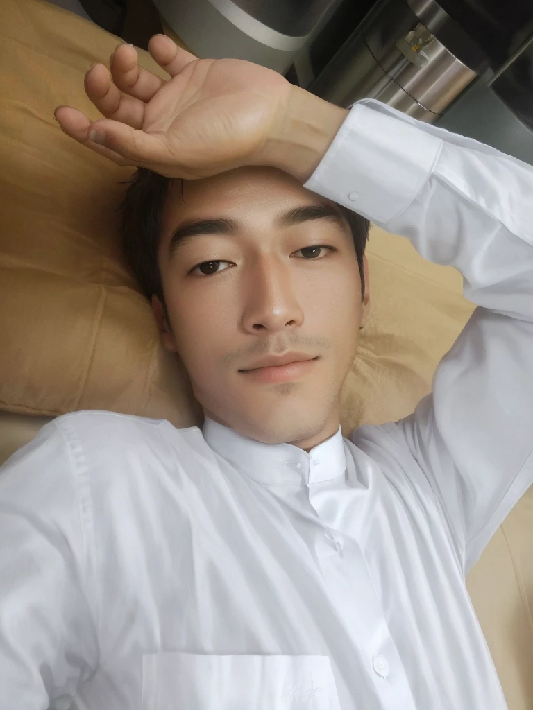 laying on white bed, background change to white bed, handsome
