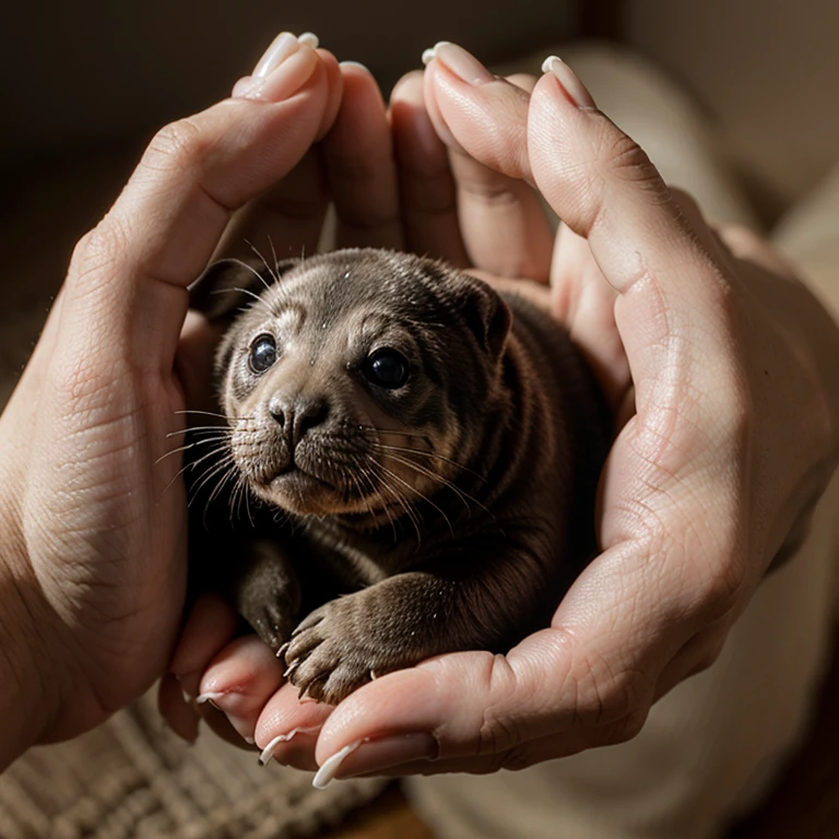 Hyperrealistic miniature of a seal in the palm of a human's hand