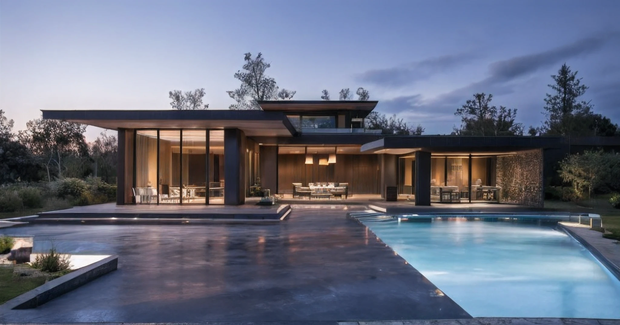 modern house, large yard, beautiful view, surrounding trees, one-story house, flat roof, large windows, wood materials, concrete and glass, glass railings, surrounded by trees, lawn , large sliding glass doors, large outdoor fireplace
sunset light, neutral colored lights, beautiful, cloudy sky, swimming pool in front of the house, landscape,plain terrain, RAW photo, subject, 8k uhd, dslr, soft lighting, high quality, film grain, Fujifilm XT3