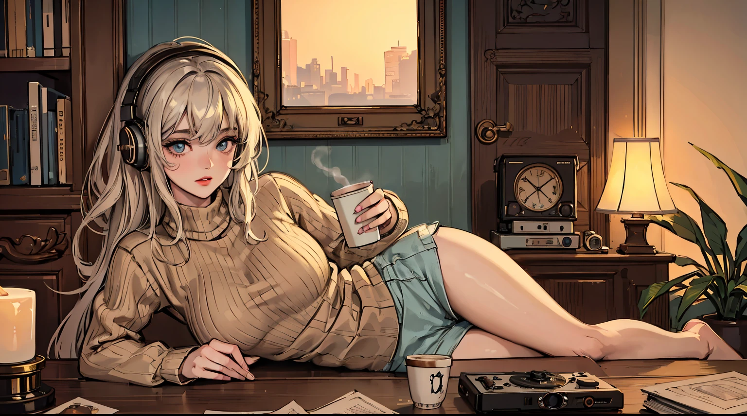 best quality,4k,8k,highres,masterpiece:1.2,ultra-detailed,realistic:1.37,beautiful detailed eyes,beautiful detailed lips,extremely detailed eyes and face,long eyelashes,1girl,lofi girl,soft lighting,pastel colors,dreamy atmosphere,retro vibes,vintage fashion,vinyl record player,dusty room,relaxed pose,film photography aesthetic,vignette,soft focus,old books on shelf,indoor plants,cassette tapes,coffee cup,headphones,digital artwork,laid-back expression,warm and cozy,cozy sweater,candlelight,neon lights,glowing sunset,artistic vibes,ethereal ambiance