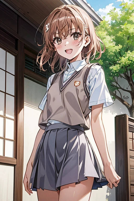 Misaka_mikoto, 1 persons, 独奏,
(illustratio:1.1)、(Top image quality)、(masterpiece:1.1)、(beautiful and clear background:1.25)、(the Extremely Detailed CG Unity 8K Wallpapers:1.1)、(colourfull:0.9)、(depth of fields:0.75)、(Ink splashing:0.95)、(color splashes:0.85)、(watercolor paiting:0.65)、
(cowboy shot:1.4)、(校服:1.4)、:D、耳环、up looking_で_viewer、outside of house、Sunnyday、detailed blue sky、((grey miniskirt))、(White shirt with short sleeves)、Light Brown Sleeveless Cardigan、electric shock