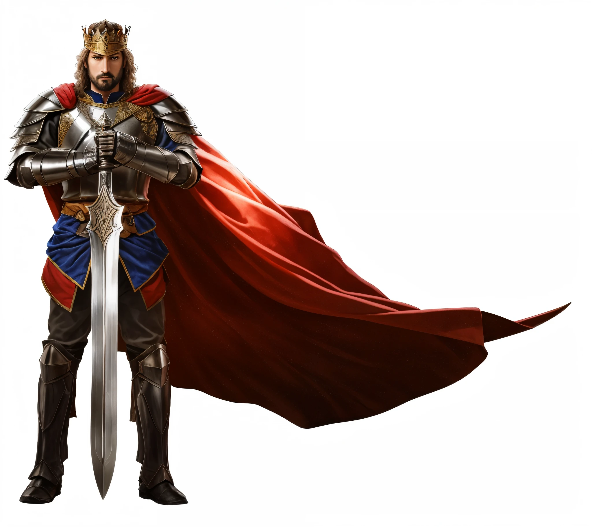 Arafid knight holding sword and cloak standing in front of white background, strong fantasy knight, Photo of an adult male warrior, Male paladin, a human male paladin, medieval old king, Archan Lupin as Paladin, Ares with heavy armor and sword, king arthur, the great king stovokol, Heroes of Might and Magic,diadems,k hd,Delicate facial structure,a sharp gaze,