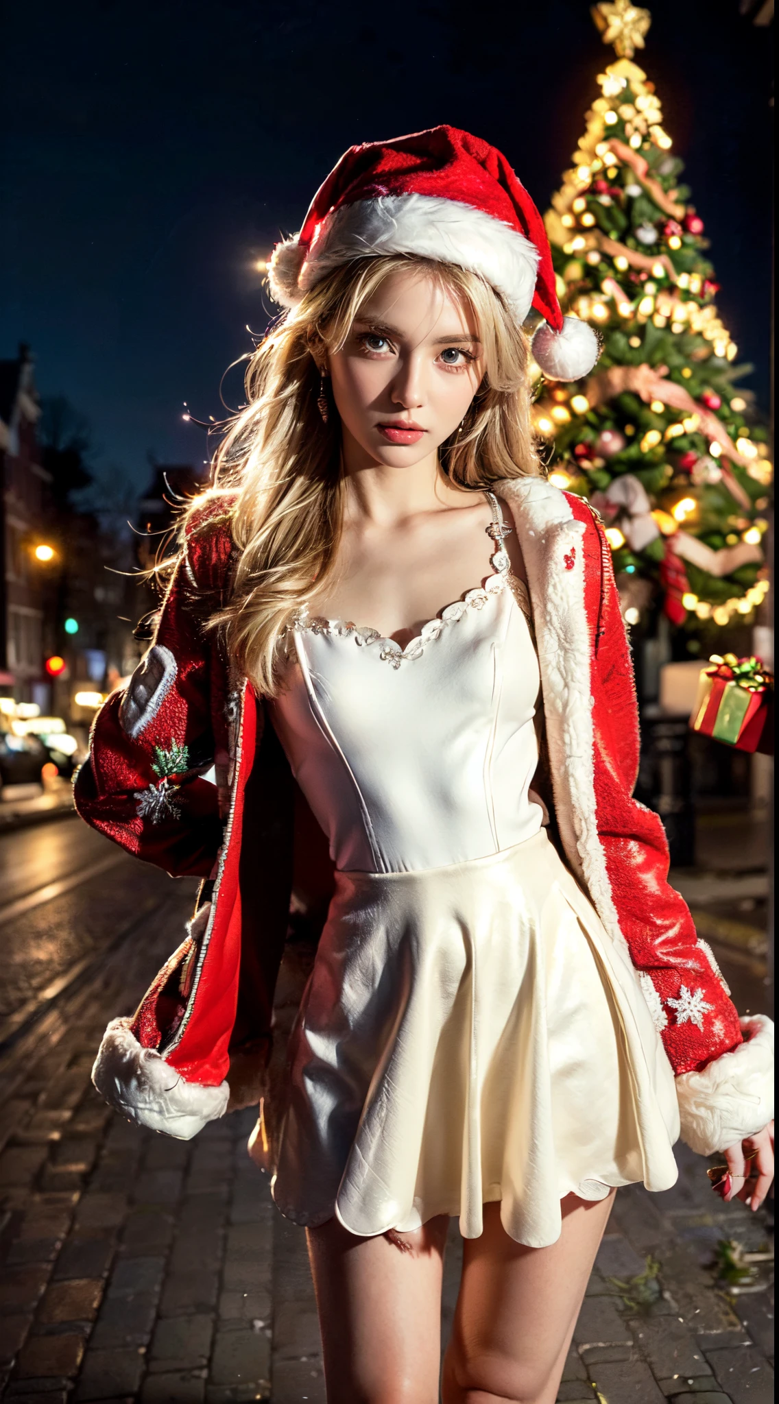 (Ultra-detailed eyes), (((textile shading))), (((Best Quality))), (((masutepiece))), (((Ultra-detailed CG))), sassy girl, (((magical girl))), (Petite), (tiny chest), blonde hair, blonde hair, blonde hair, pin up emo, ((gorgeous hair)), Pink eyes, (((christmas Dress, red and white faux fur trim carduroy jacket, y2k, scallop skirt))), ((striking a pose)), (((Game CG)) (gorgeous, sassy, it girl), fancy jewelry, sparkling sky, Amsterdam Light Festival, christmas vibe, light christmas, christmas tree, strong Amsterdam Light Festival atmosphere, cowboy shot, midshot, centered image, eye on camera, night