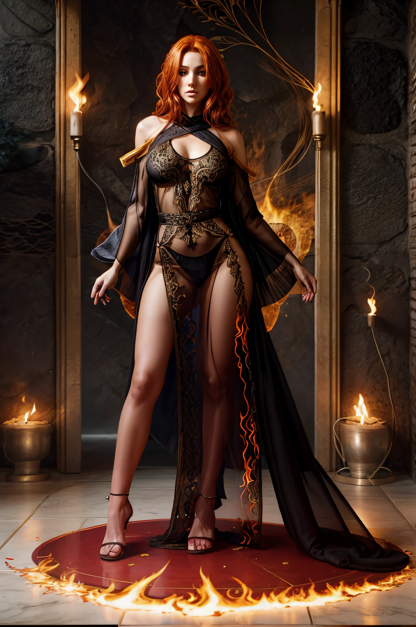 1girl, sorceress, full body shot, see through robe, fiery hair, fire mage