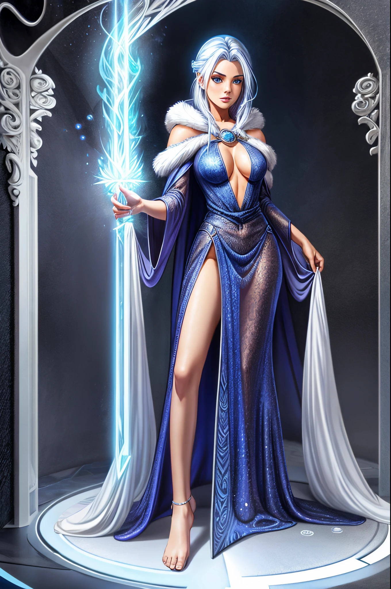 1girl, sorceress, full body shot, see-through robe, blue-white hair, frost mage