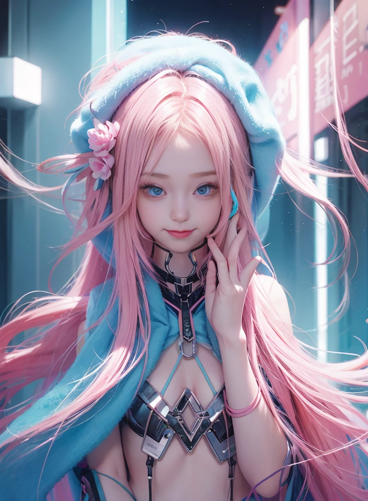 Pink Long Hair,Nice face,Blue suspender bikini,Heterochromatic pupil,ssmile,apathy,比基尼,Full body photo,the soft light,Earphone