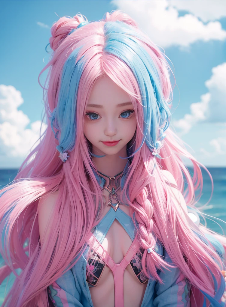 Pink Long Hair，Nice face，Blue suspender bikini，Heterochromatic pupil，ssmile，apathy，比基尼，Full body photo，the soft light，Earphone