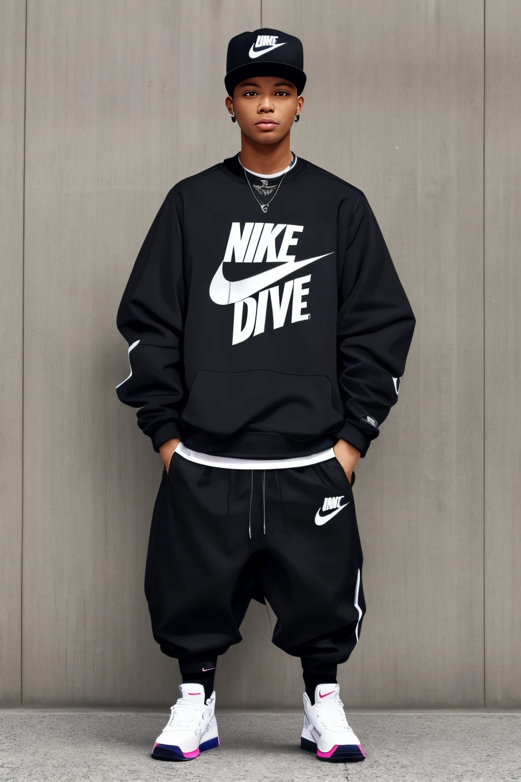 With NIKE as a motif、hiphop artist wearing unrealistic clothes(DJ)Please create an image of。