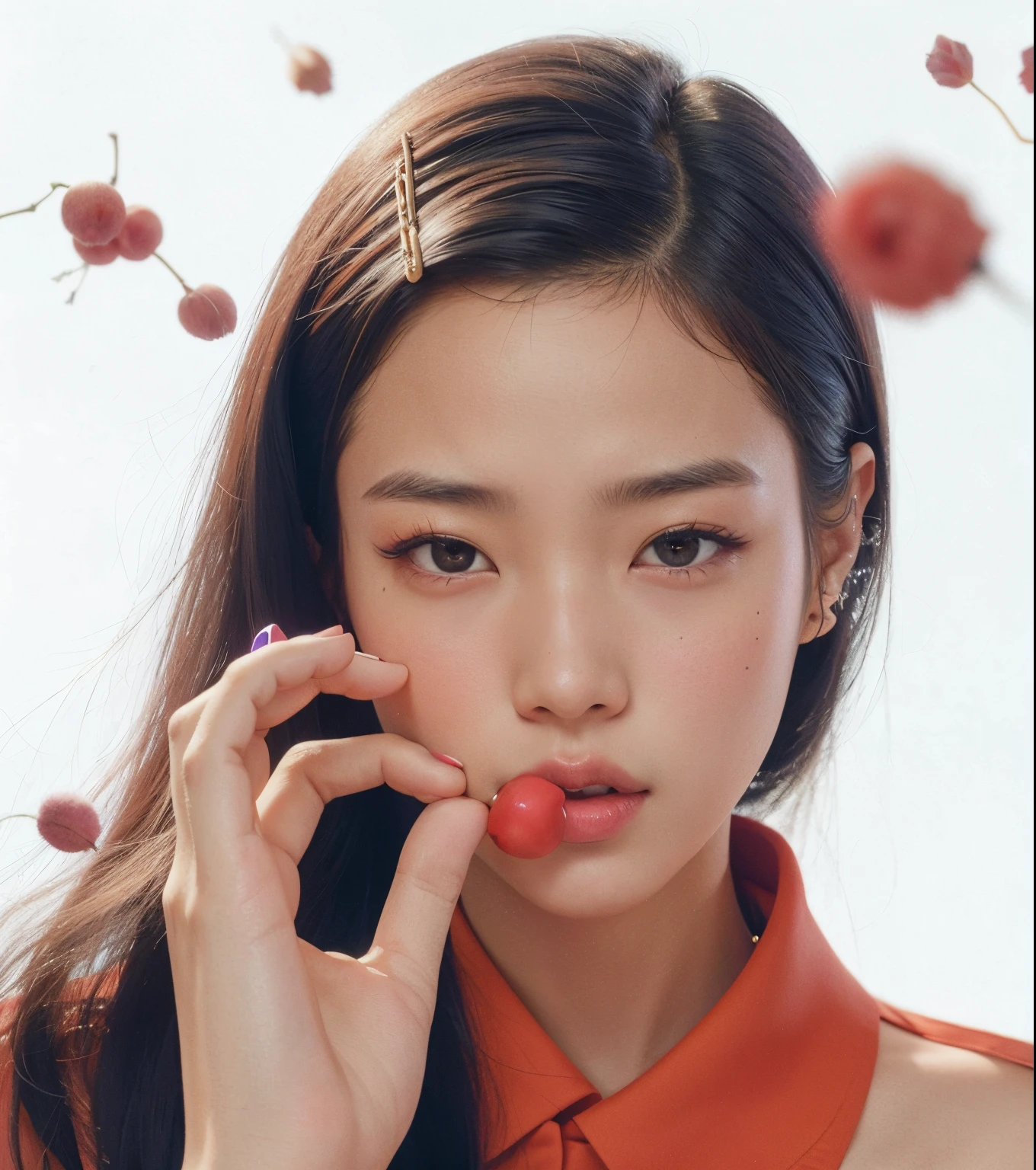 hay una mujer hablando por un celular con cerezas de fondo, Blackpink Jennie, Retrato Jisoo Blackpink, Jisoo de Blackpink, Kim Doyoung, Retrato de Jossi de Blackpink, Jossi de Blackpink, Jisoo de Blackpink, inspirado por Yanjun Cheng, Sha Xi, Lulu Chen, JIA, Gongbi, Taejune Kim, Minchen Shen