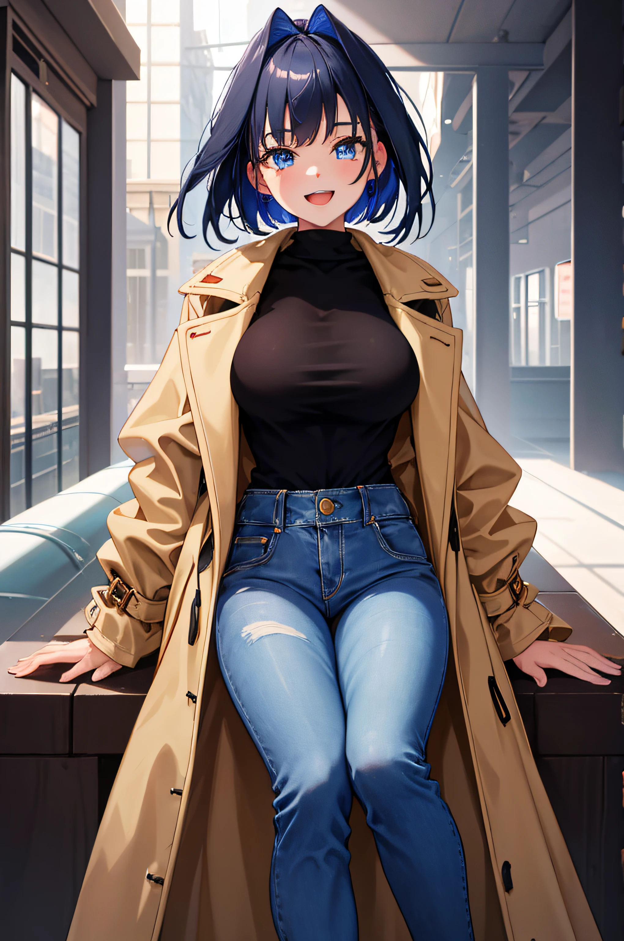 1girl, short dark blue hair, large breasts, blue eyes, laughing, sitting, wearing beige coat, white turtleneck, red scarf, jeans, snow, absurdres, high res, ultrasharp, 8K, masterpiece, looking at viewer